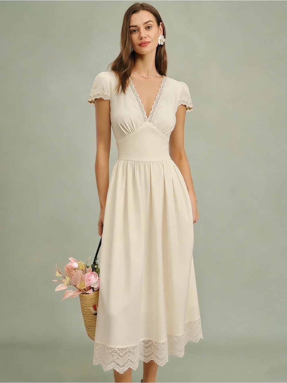 RIHOAS Apricot V Neck Lace Maxi Dress